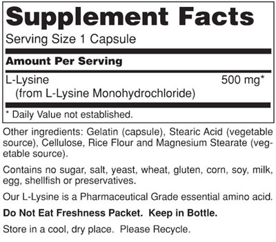 L-Lysine 500mg Supplement Facts